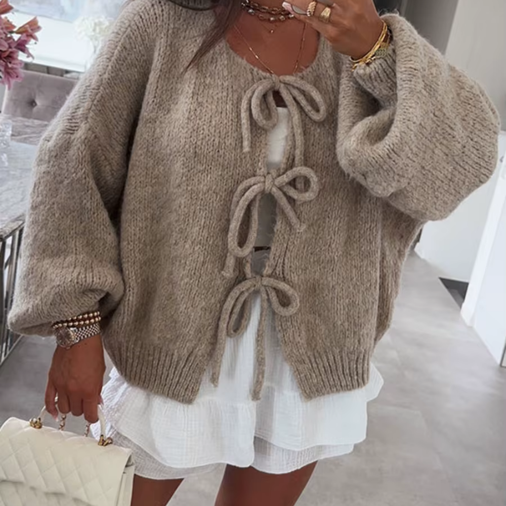 Street-wave Pink Knit Cardigan With Bow Ties For Women Flattering Cozy Modern Layering