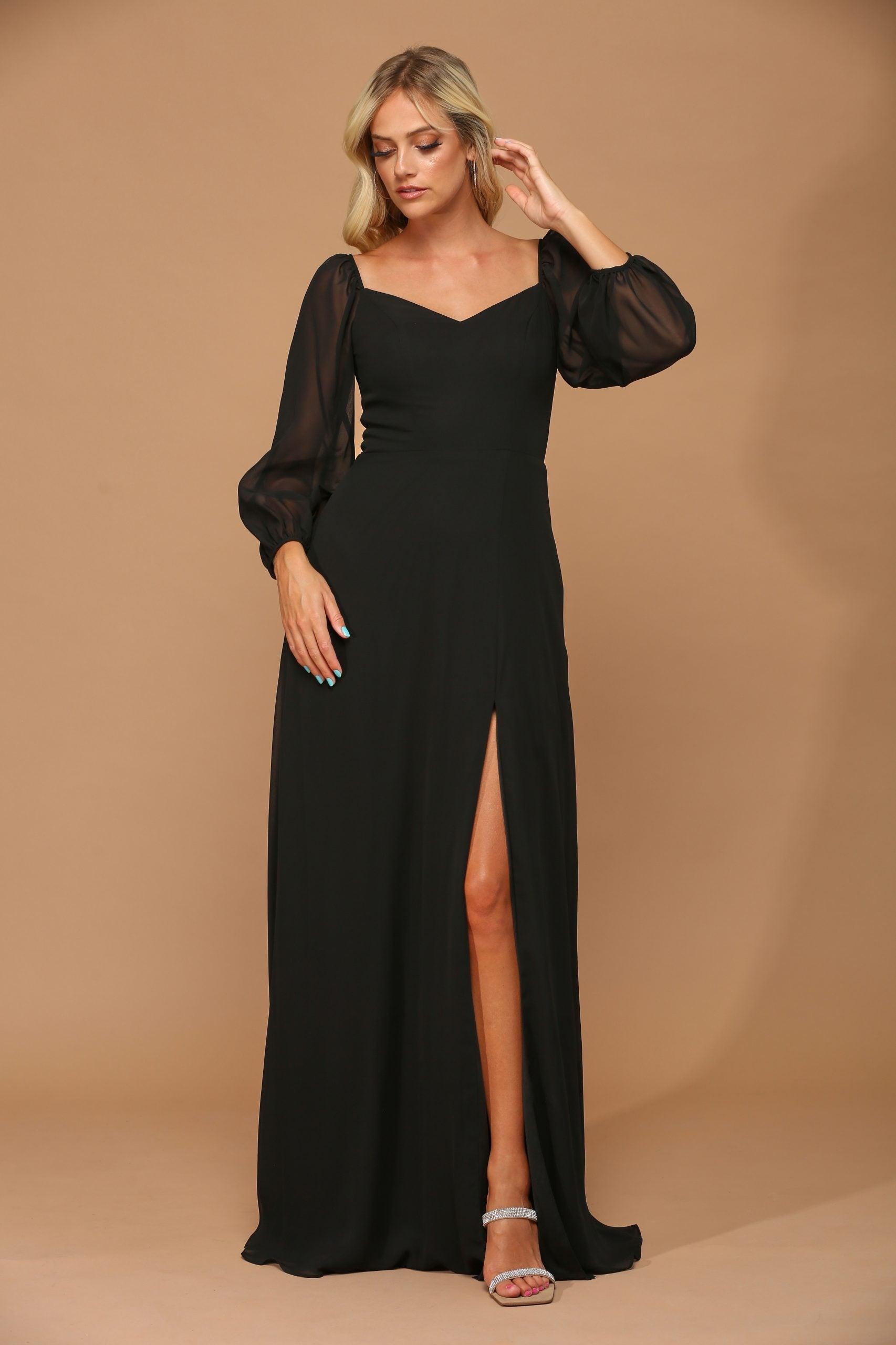 Black L Long Sleeve Formal Chiffon Dress Sale - Street-Wave