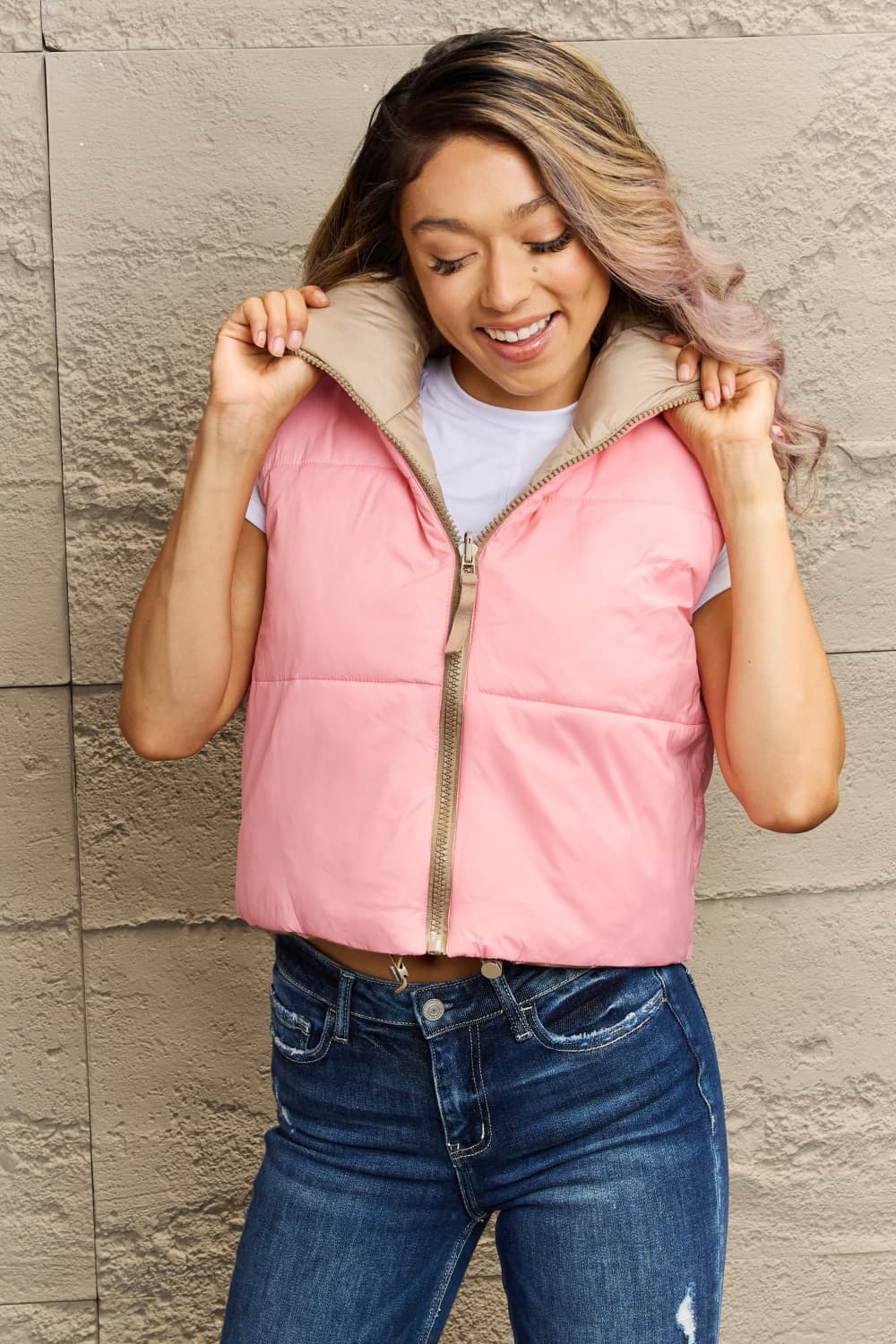 Street-wave Zip Up Drawstring Puffer Vest For Women Insulated Stand Collar Sleeveless Jacket