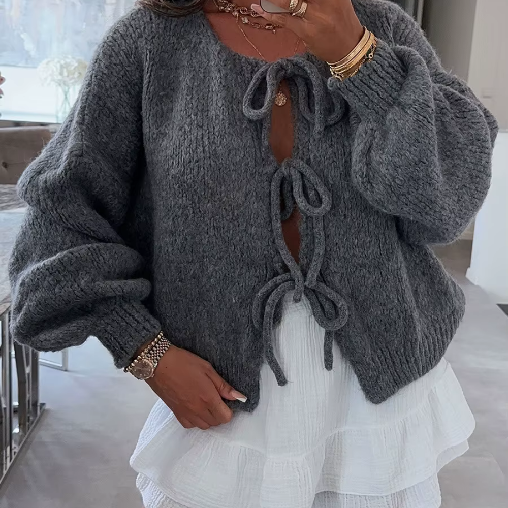 Street-wave Pink Knit Cardigan With Bow Ties For Women Flattering Cozy Modern Layering