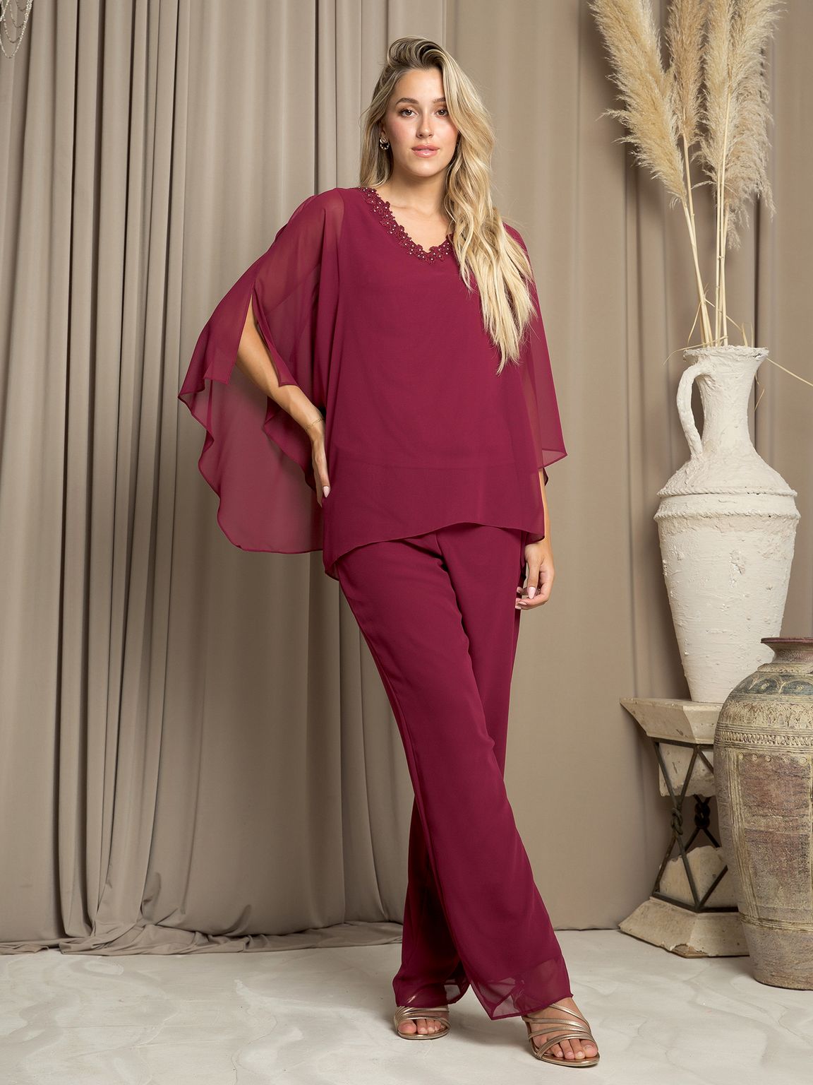Eva Fashion Two Piece Long Formal Pant Suit Bride Mother Chiffon Poncho