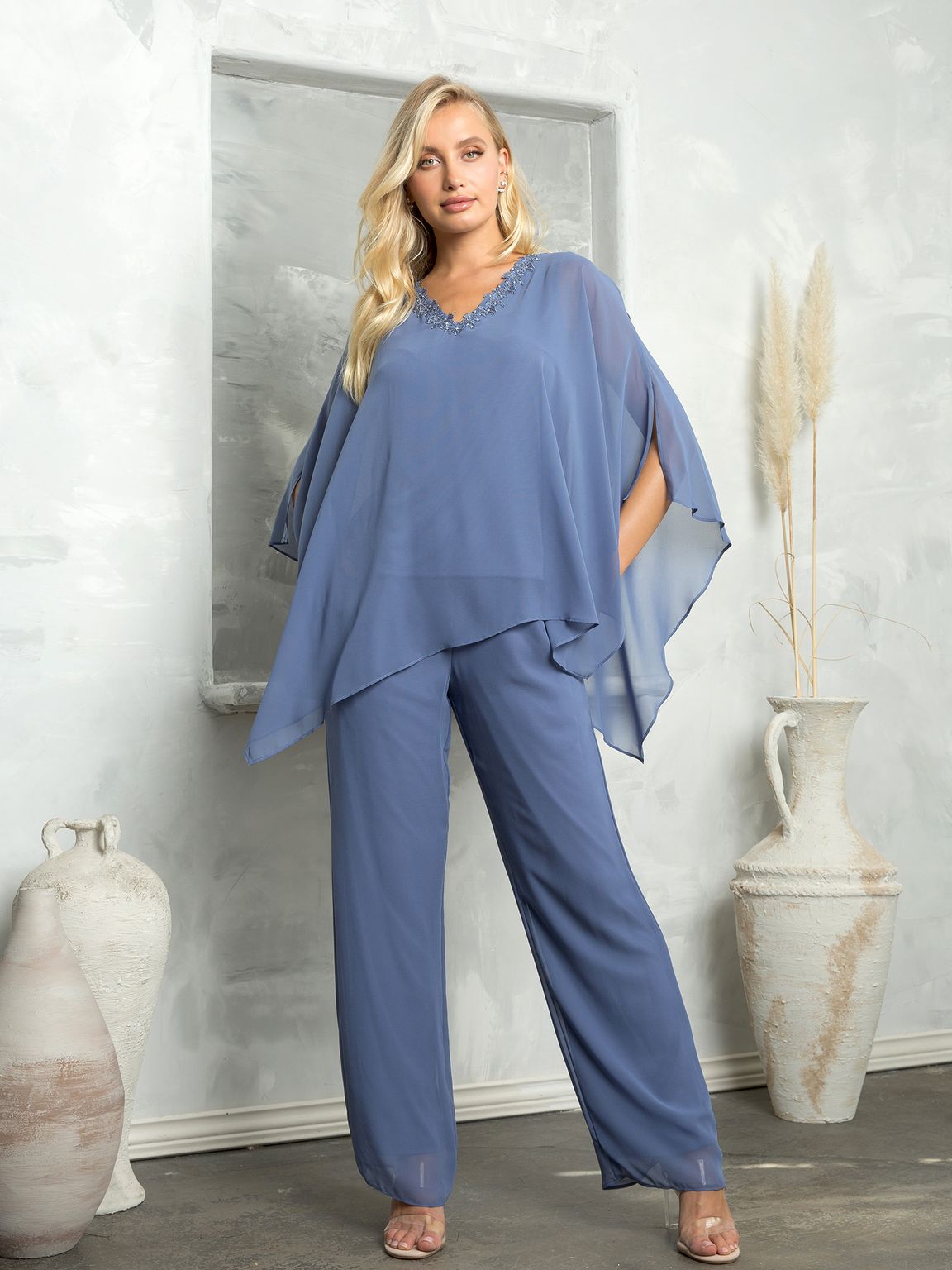 Eva Fashion Two Piece Long Formal Pant Suit Bride Mother Chiffon Poncho