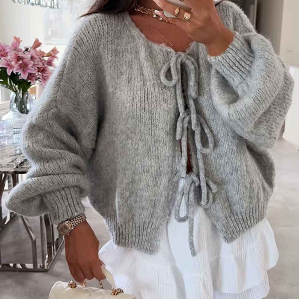 Street-wave Pink Knit Cardigan With Bow Ties For Women Flattering Cozy Modern Layering
