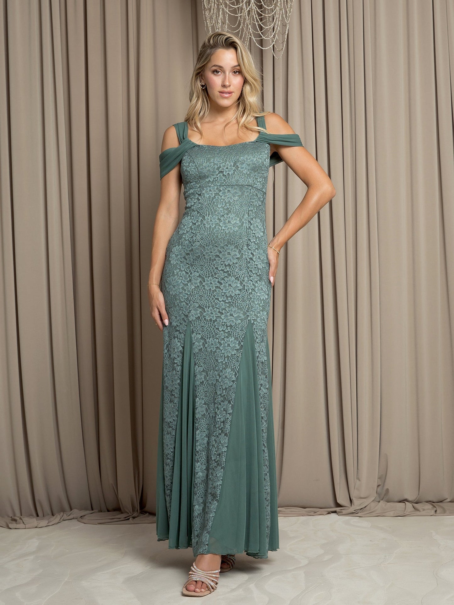 Street-Wave Burgundy Glitter Lace Evening Dress Cold Shoulder For Women