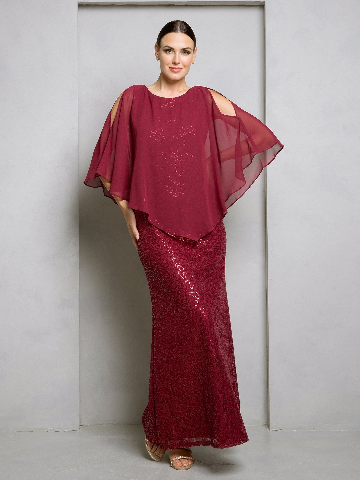 Eva Fashion Formal Long Mother Of The Bride Cape Dress With Sequin Lace