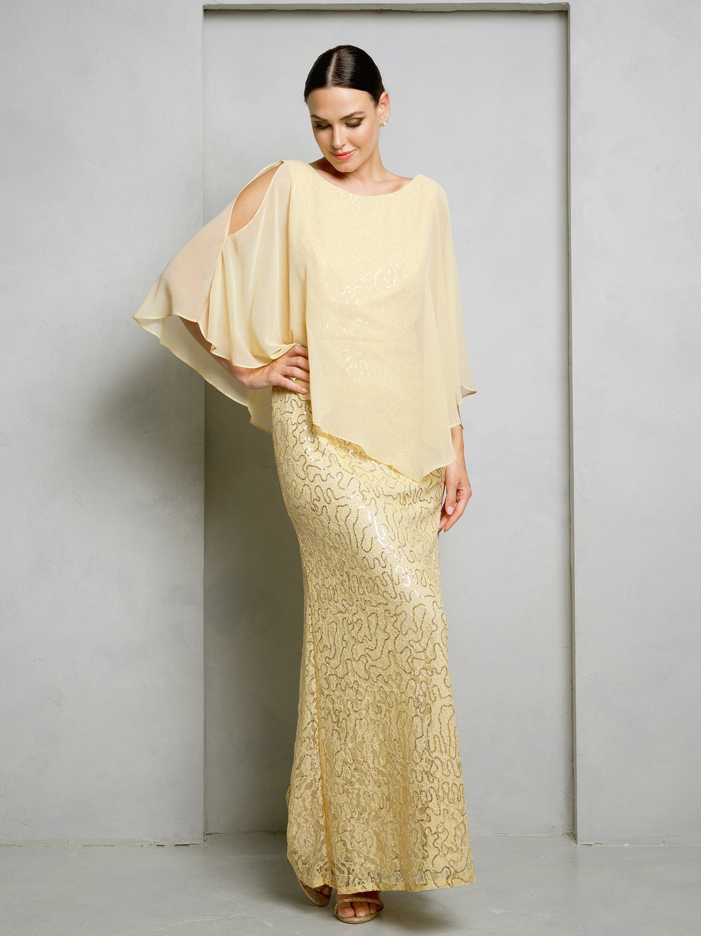 Eva Fashion Formal Long Mother Of The Bride Cape Dress With Sequin Lace