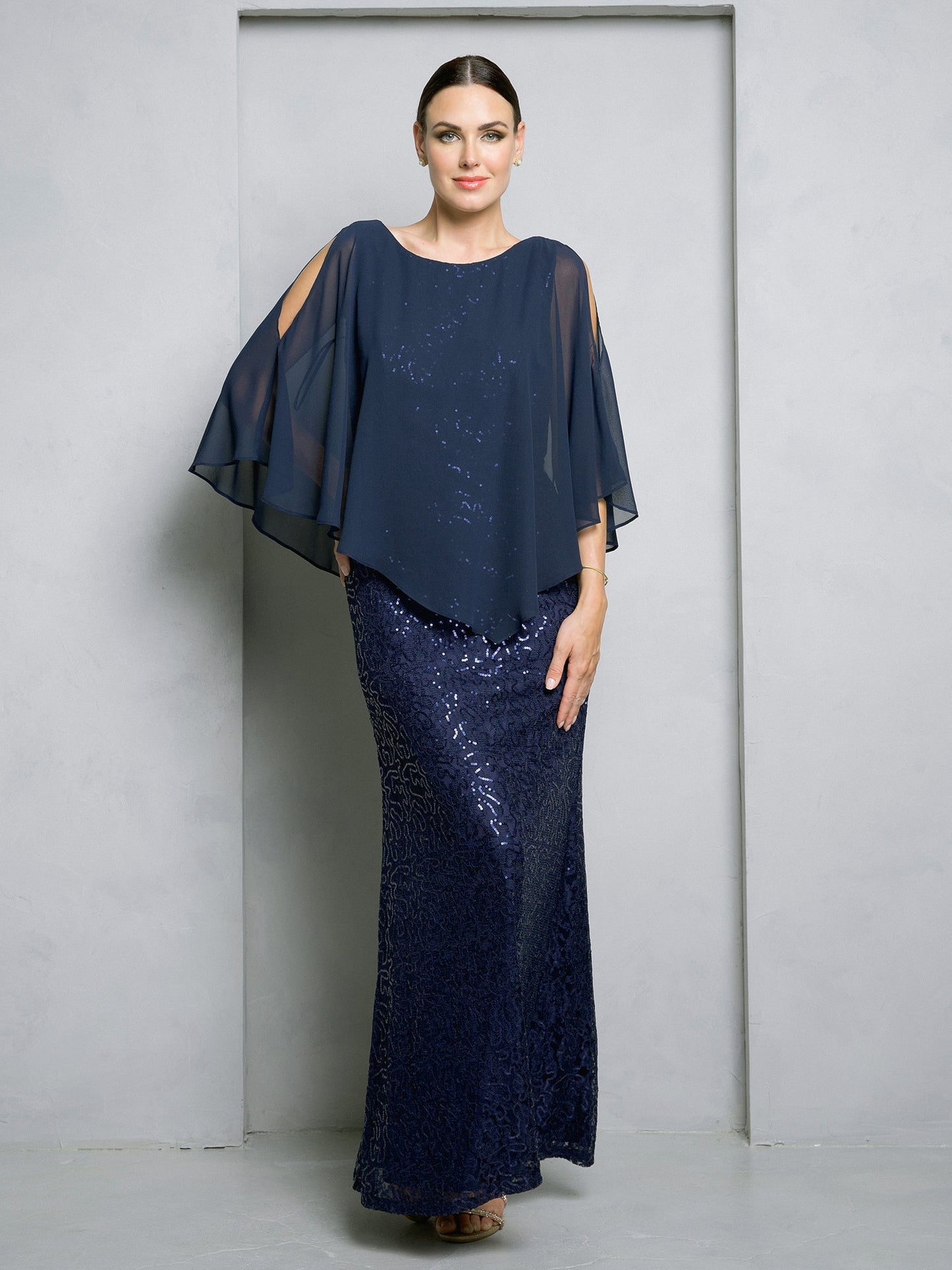 Eva Fashion Formal Long Mother Of The Bride Cape Dress With Sequin Lace