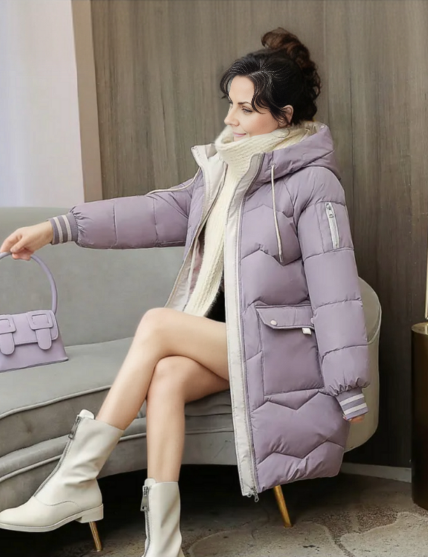 Street-wave Womens Elegant Puffer Jacket With Hood Cozy Warmth And Red Zippers For Cold Weather