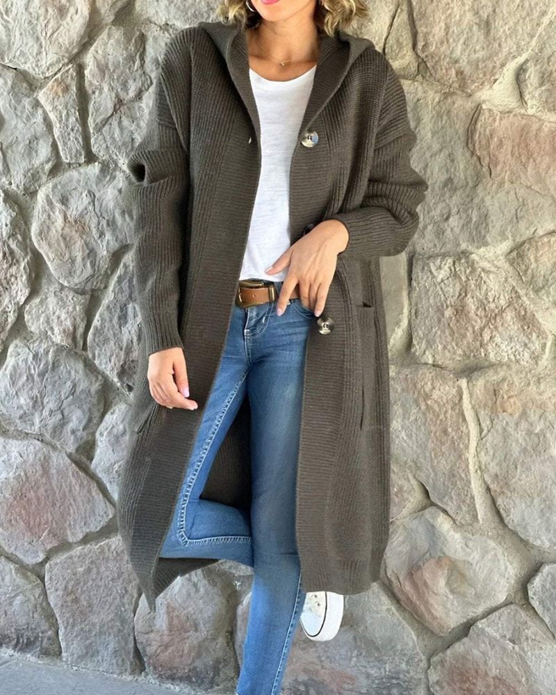 Street Wave Knit Hooded Long Coat For Women Warm Cozy Winter Outerwear With Trendy Collar And Statement Buttons