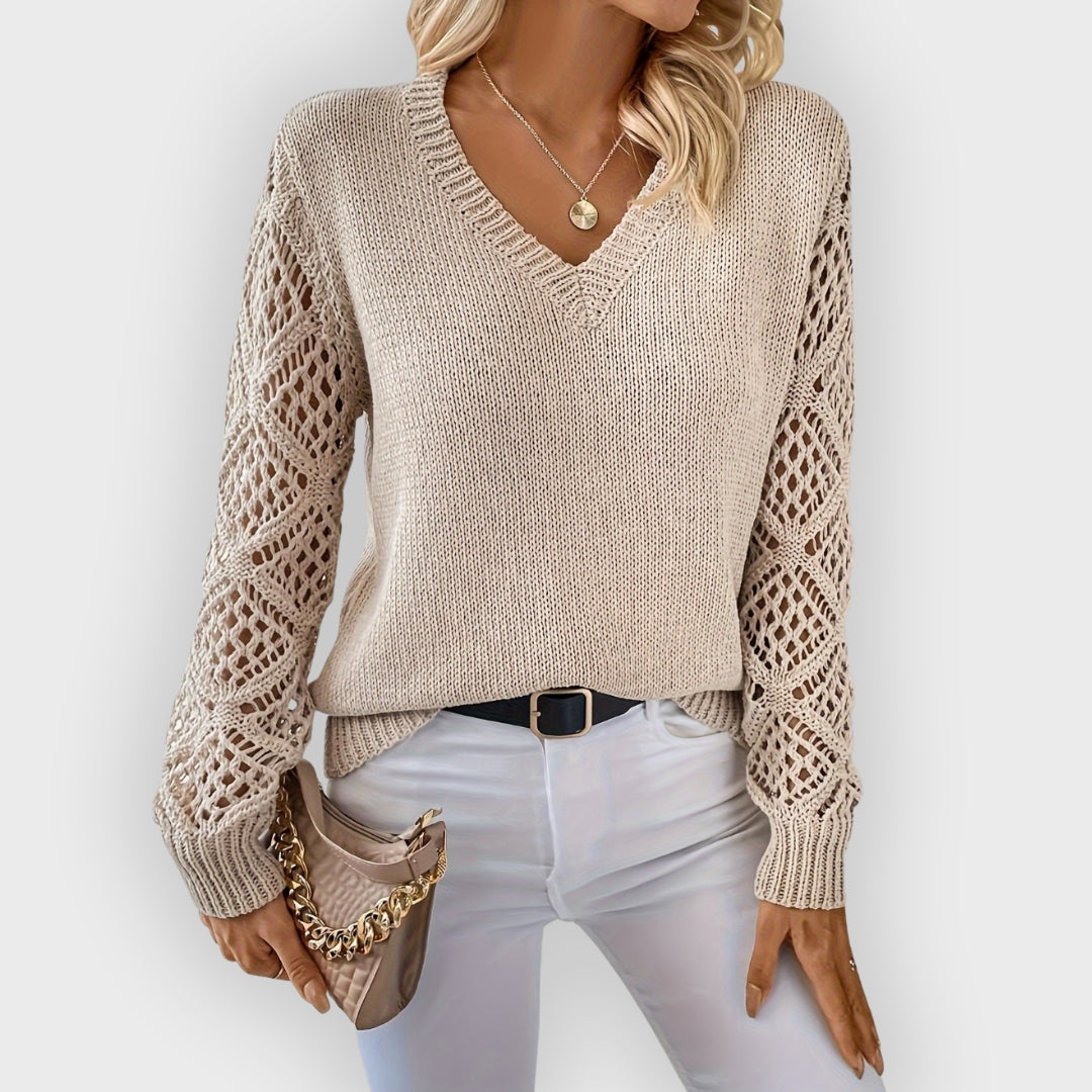 Street-Wave Women's Knit Pullover With V-Neck And Open Knit Sleeves For Effortless Style
