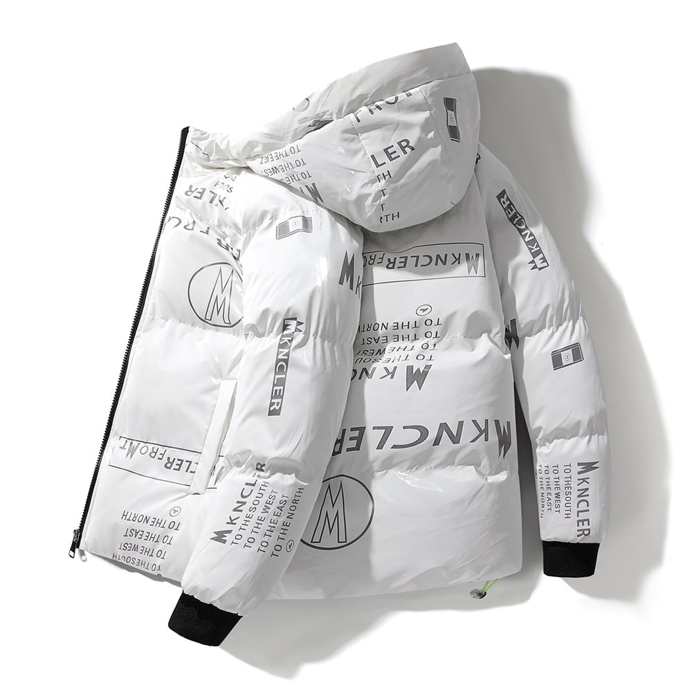 Street-Wave Hooded Quilted Jacket With Vinyl Shine Graphic Motifs For Men Vegan Polyester