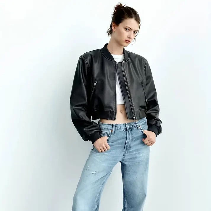 Avelena Faux Leather Bomber Jacket For Women With Ribbed Sleeves And Urban Edge Style