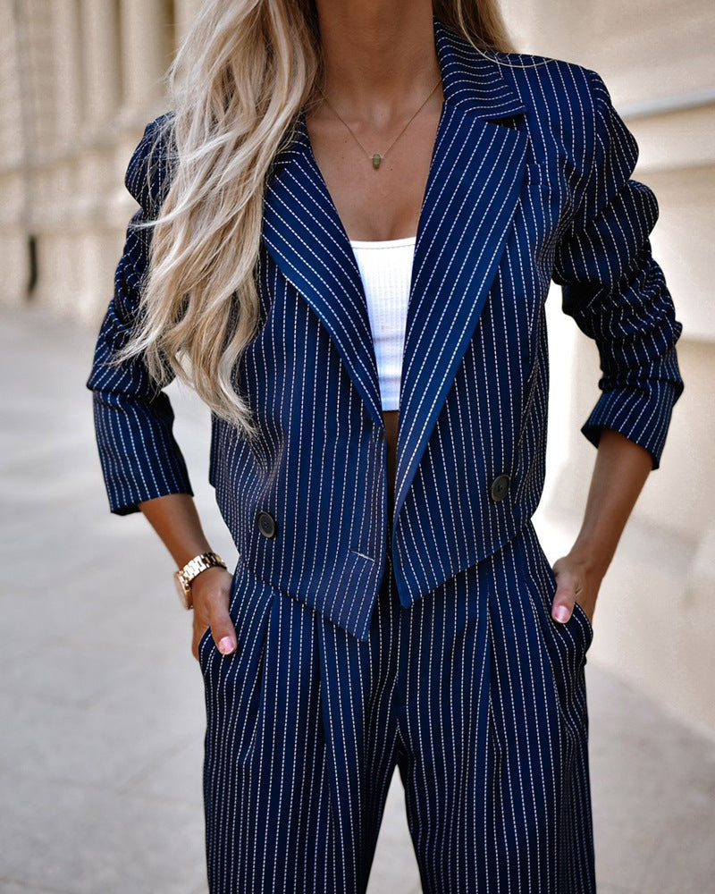 Streetwave Pinstripe Two Piece Suit Set For Women Cropped Blazer And Wide Leg Pants For A Professional Office Look
