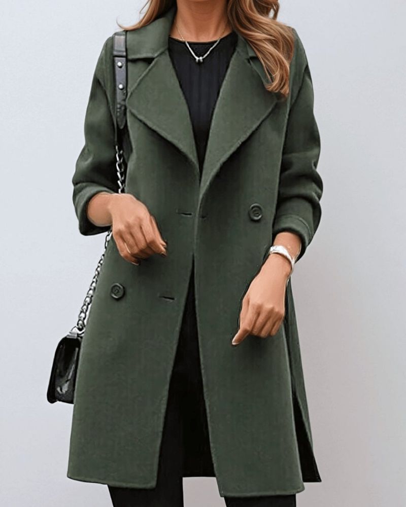 Street-Wave Moss Green Wool Coat For Women Double Breasted Warm Winter Overcoat With Elegant Lapels