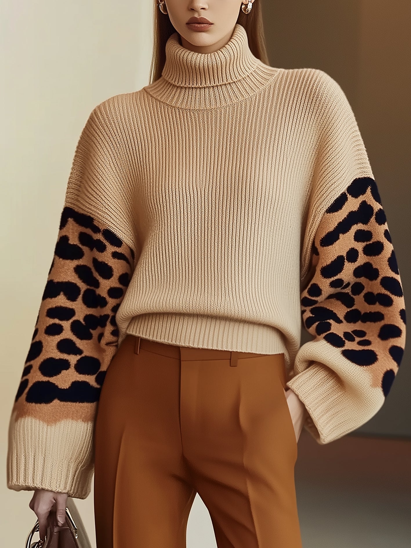 Street-Wave Leopard Sleeve Turtleneck Knit Sweater For Women, Cozy Modern Everyday Style