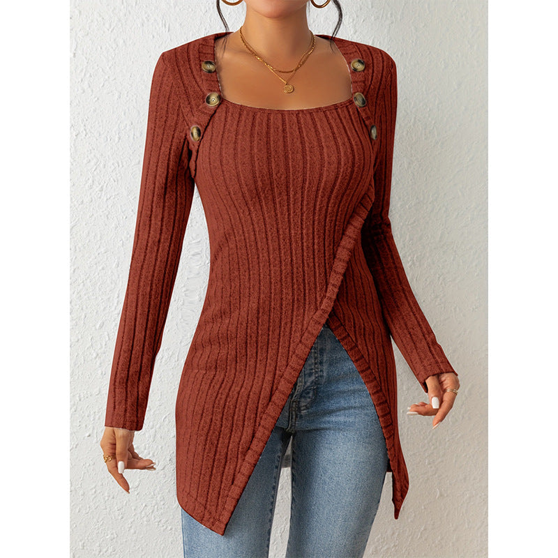Street-wave Ribbed Knit Sweater For Women With Button Shoulder Details Cozy Modern Look