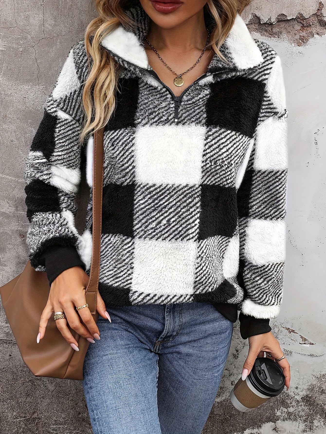 Street-Wave Teddy Fleece Jacket For Women Cozy Checked Zip Front Lightweight Comfort