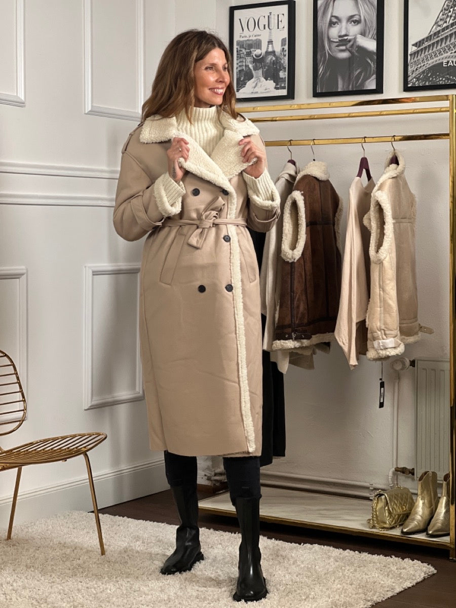 Street Wave Faux Shearling Coat For Women Belted Long Double Quilted Winter Warmth