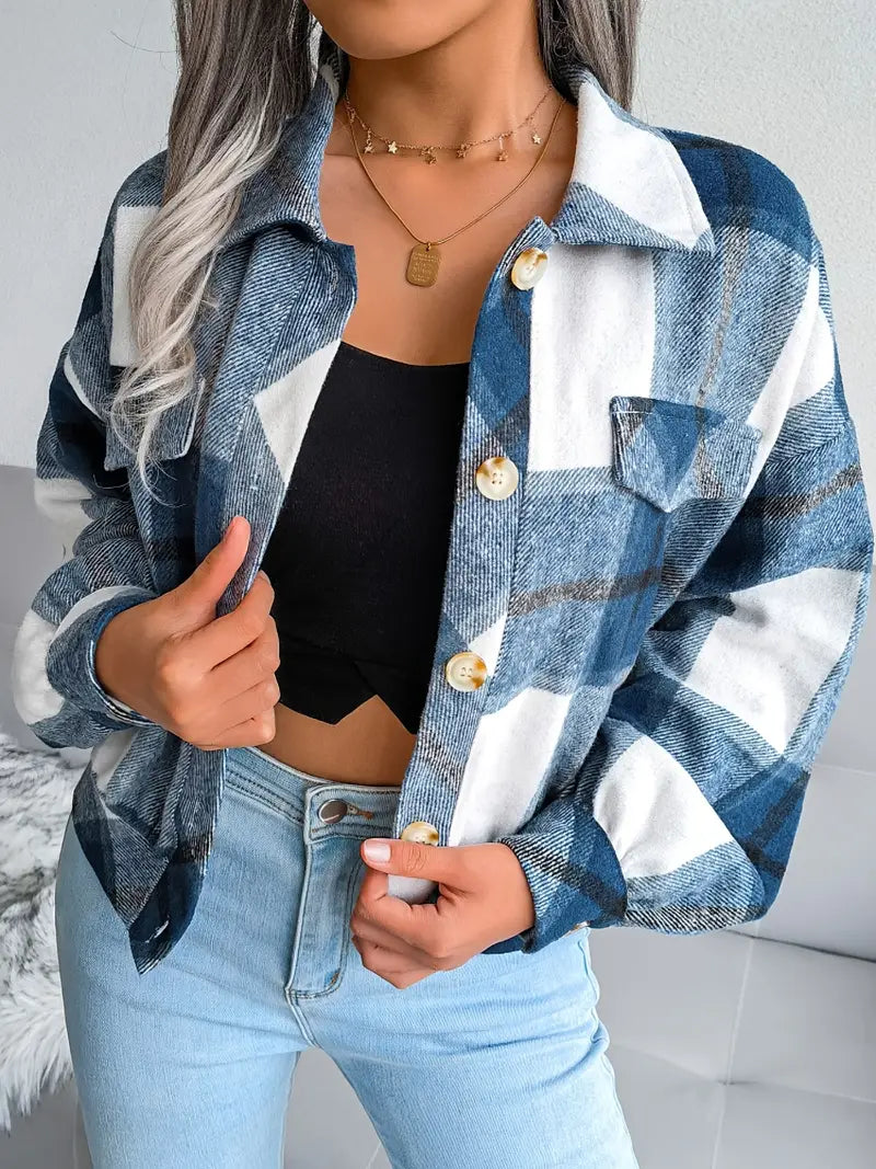 Street Wave Plaid Flannel Jacket For Women Short Cut Cozy Warm Khaki Everyday Chic