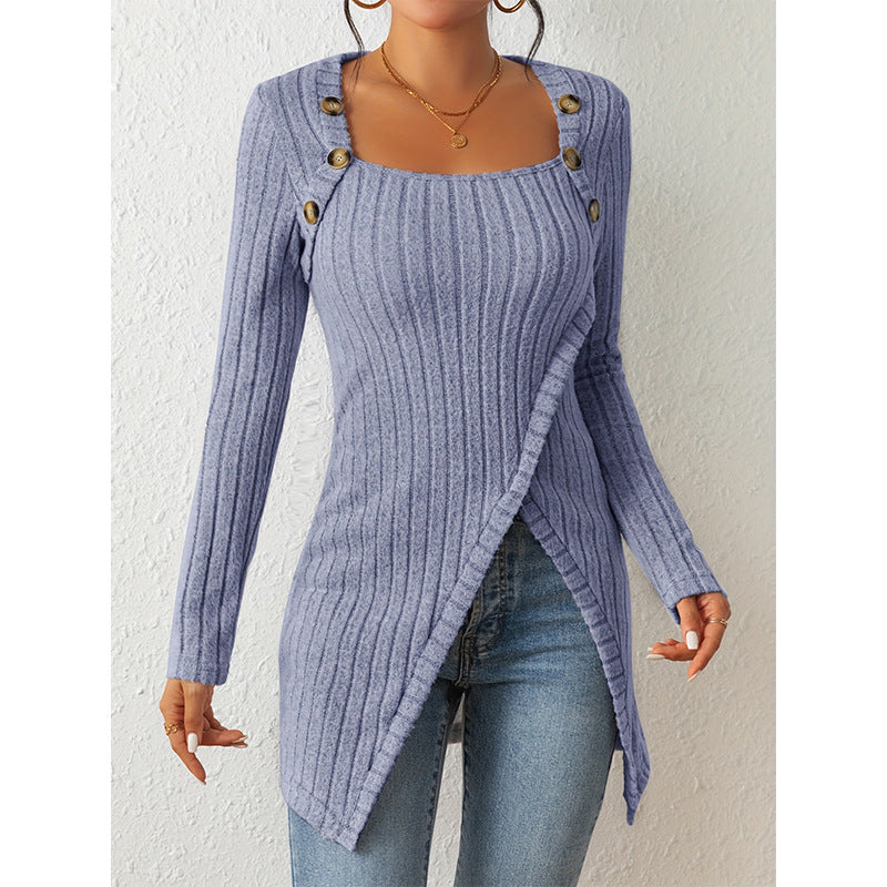 Street-wave Ribbed Knit Sweater For Women With Button Shoulder Details Cozy Modern Look