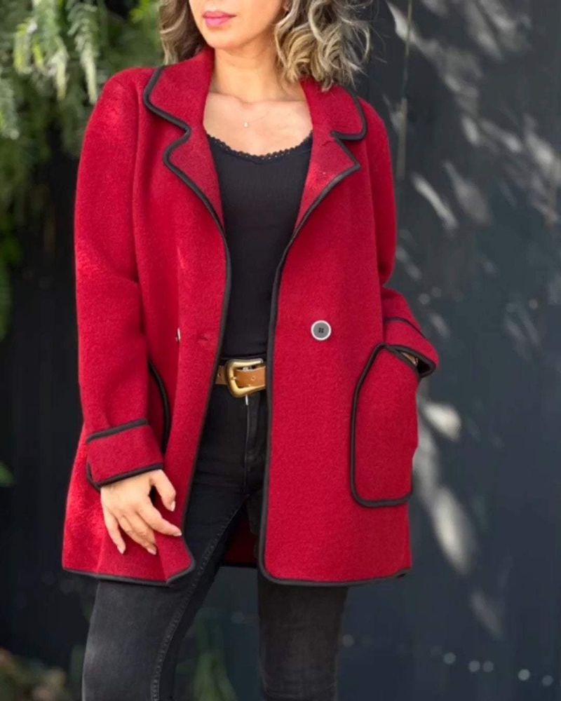 Street-wave Contrast Trim Wool Jacket For Women Warm Cozy Outerwear With Bold Color Blocking And Modern Edge