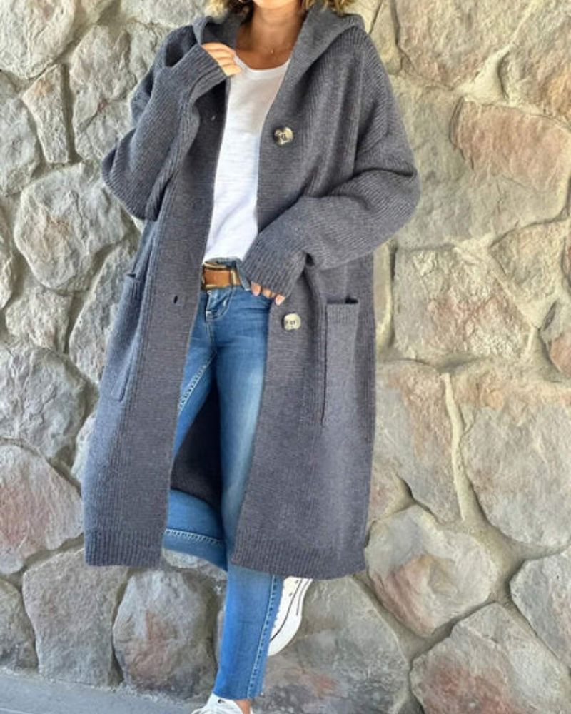 Street Wave Hooded Knit Long Coat For Women Cozy Warm Winter Outerwear With Stylish Button Details
