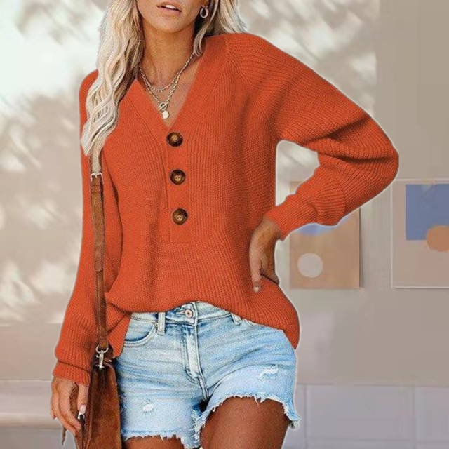 Streetwave Women's Knit Sweater With V Neck Button Detail Cozy Cotton Poly Blend