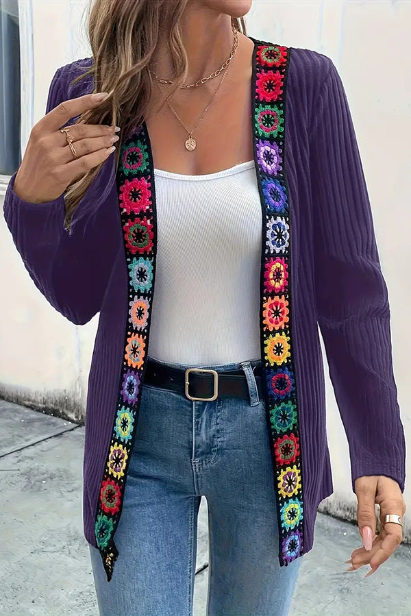 Street Wave Floral Trim Knit Cardigan With Long Sleeves For Women Casual Chic Soft Comfort