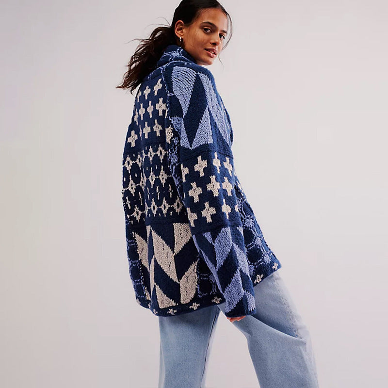Street-wave Cozy Geometric Knit Jacket Relaxed Fit Women