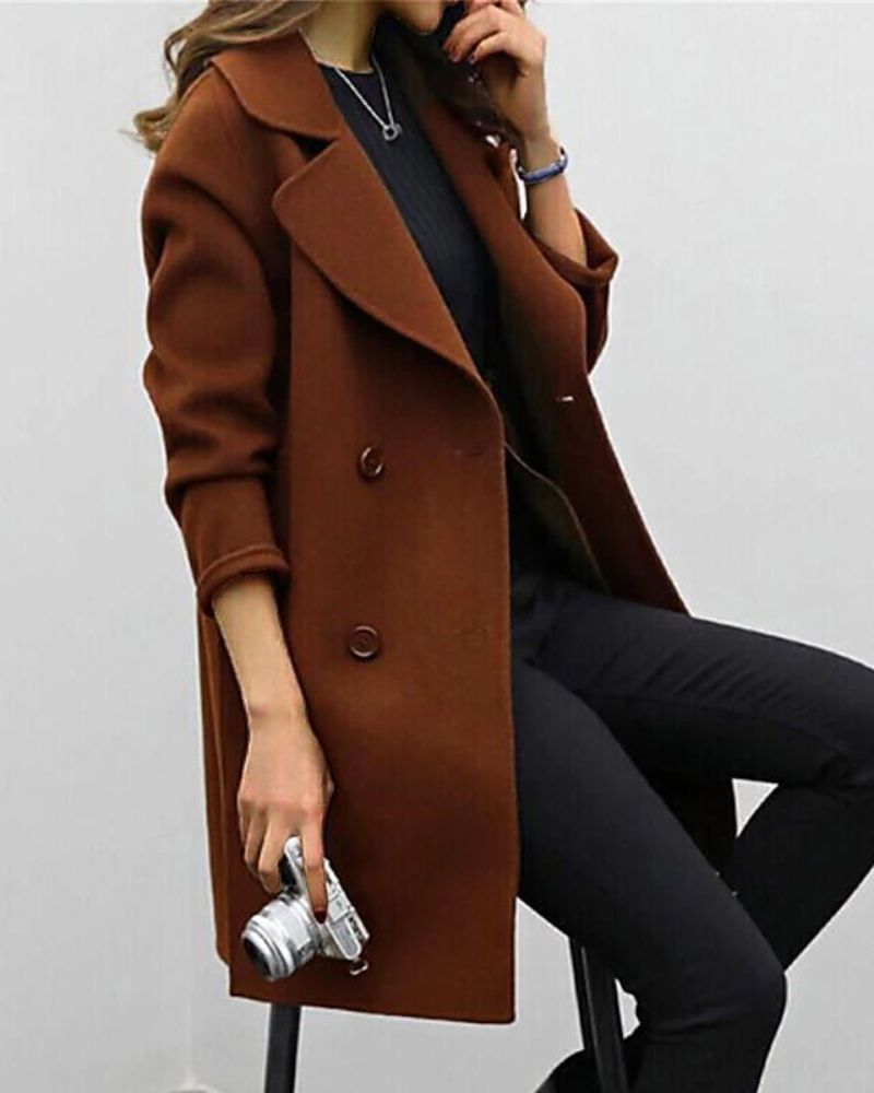 Street-Wave Moss Green Wool Coat For Women Double Breasted Warm Winter Overcoat With Elegant Lapels