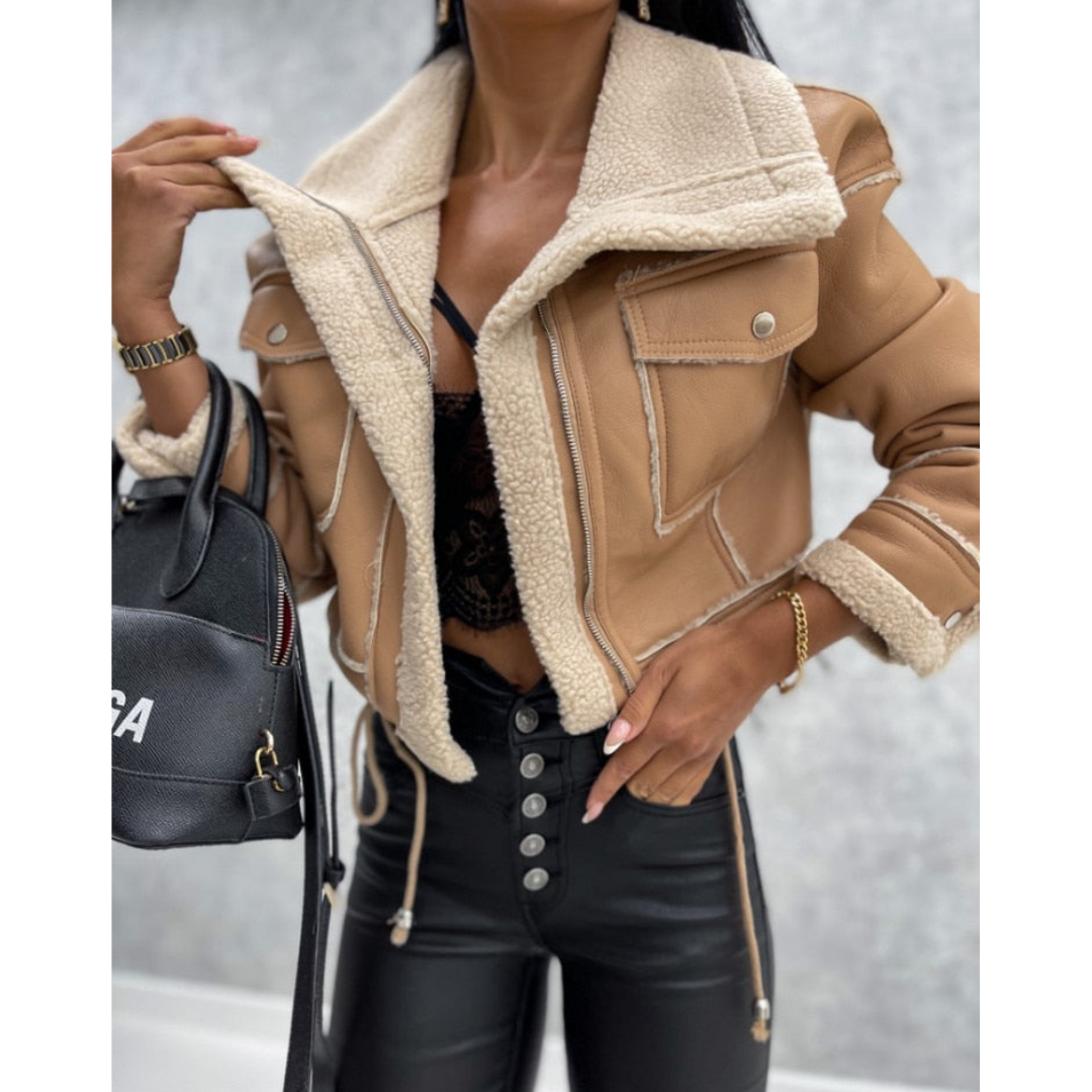 Street-Wave Womens Winter Cropped Jacket Warm Sherpa Lined Coat Designed For Chic City Warmth