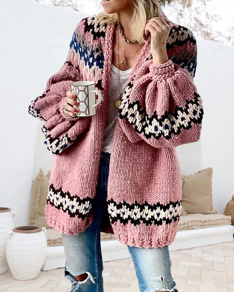 Street-wave Lantern Sleeve Cardigan Vest For Women Cozy Chunky Knit With Bold Pattern