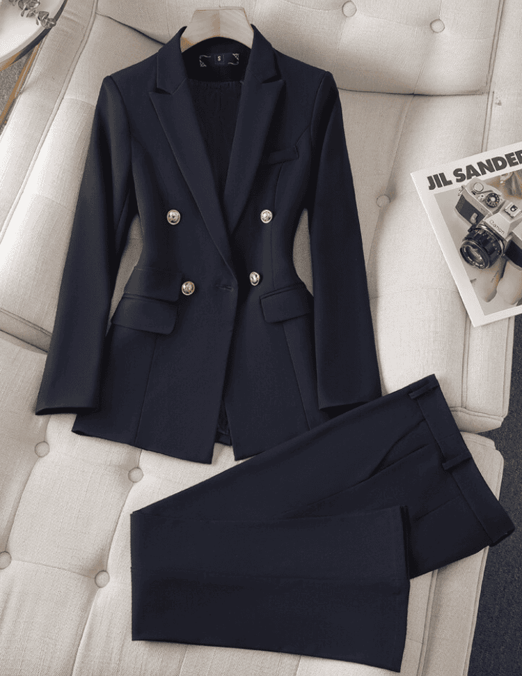 Street-wave Elegant Two-Piece Women's Suit With Double-Breasted Jacket And Matching Trousers, Chic Officewear