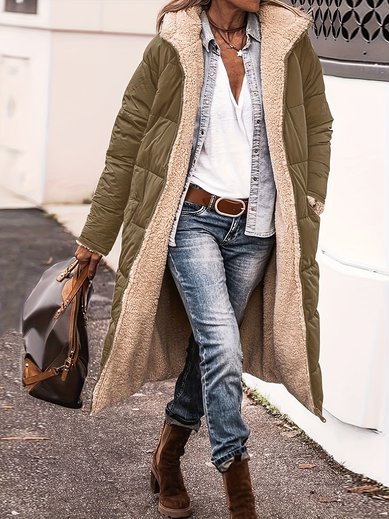 Street-Wave Women's Long Quilted Coat With Fleece Lining For Warm Insulated Winter Comfort