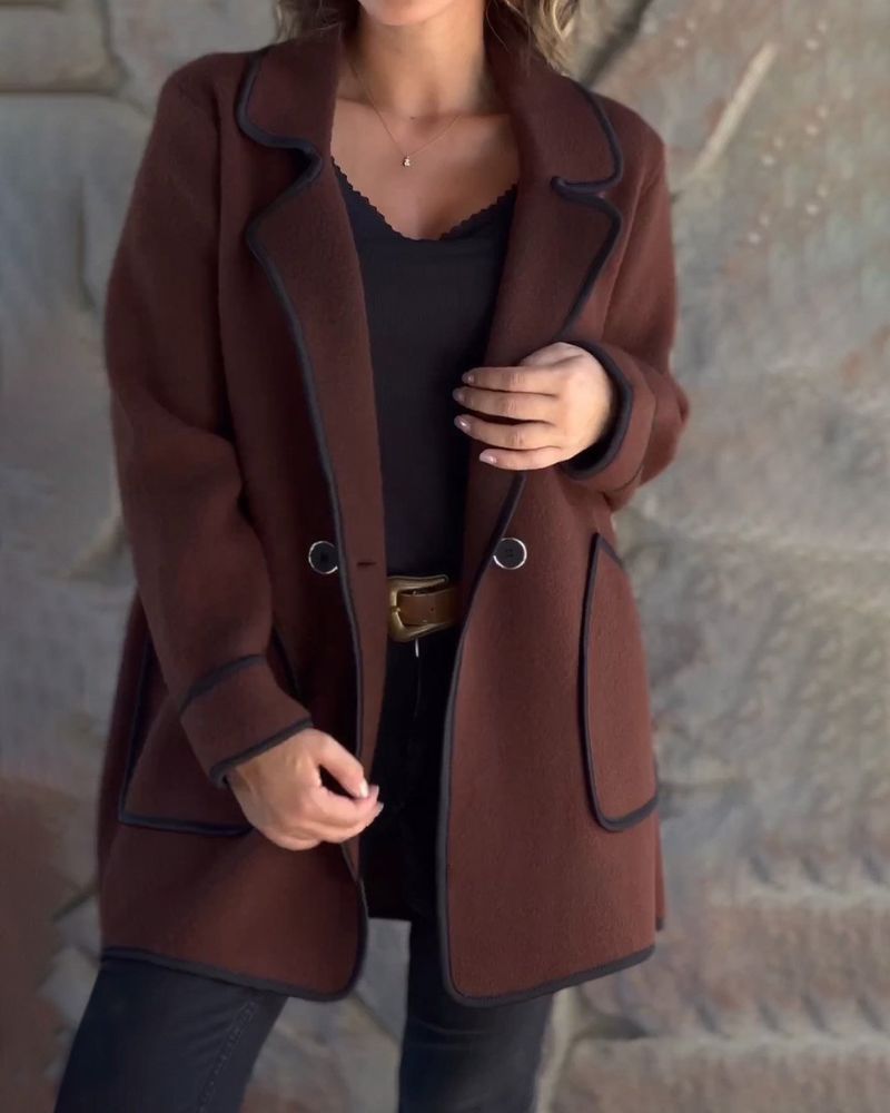 Street-wave Contrast Trim Wool Jacket For Women Warm Cozy Outerwear With Bold Color Blocking And Modern Edge