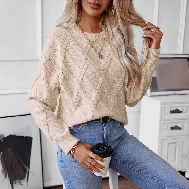 Street-wave Cable Knit Sweater For Women Cotton-Acrylic Blend Cozy Unicolor Crewneck Casual Warmth
