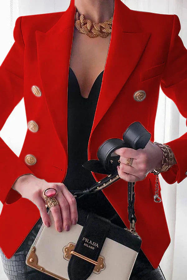 Street-Wave Knee Length Blazer For Modern Women With Gold Button Double Breasted Style