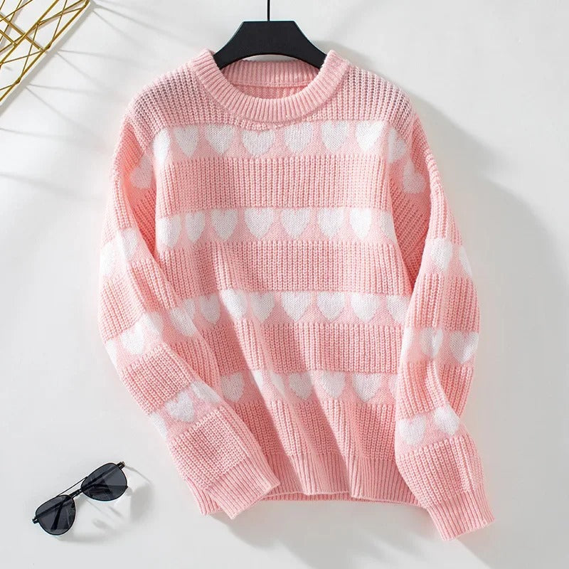 Street-wave Womens Knit Pullover Heart Pattern Cozy Warm Winter Sweater For Everyday Style