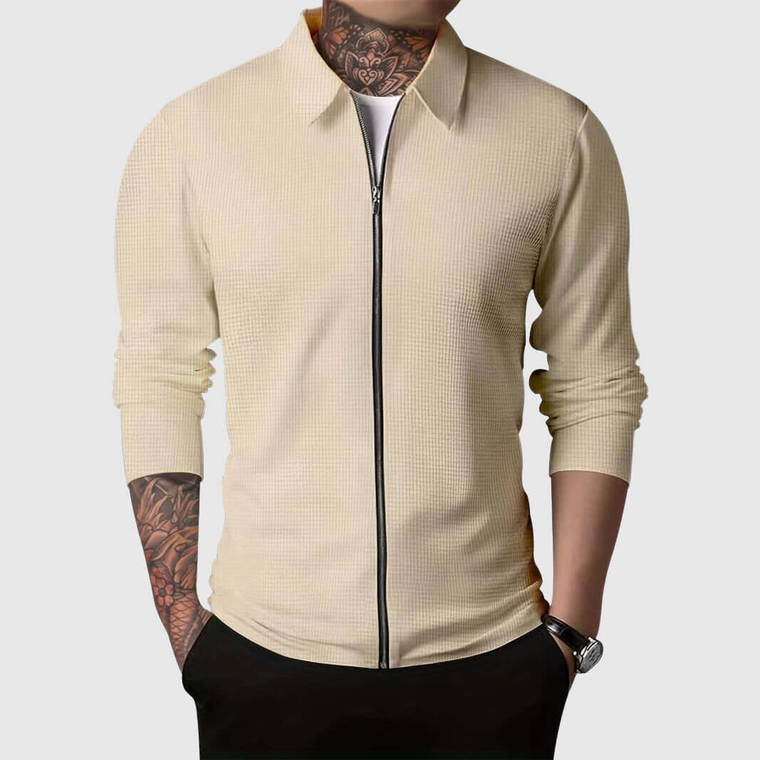 Street Wave Waffle Knit Zip Up Jacket For Men, Stylish Warmth And Breathable Comfort