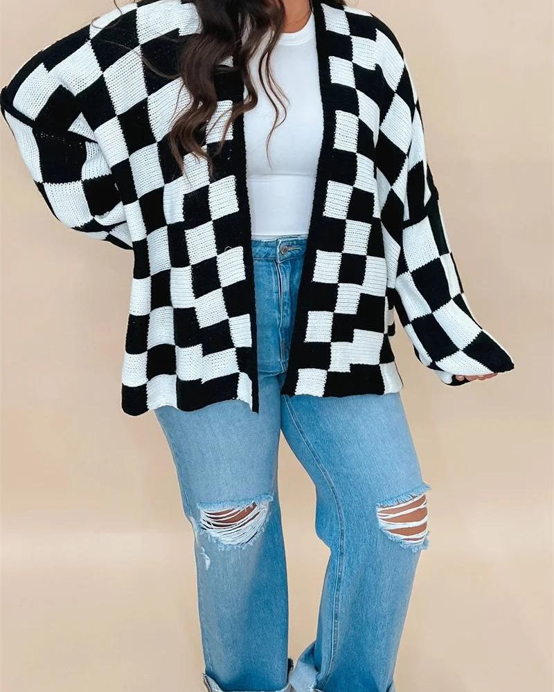 Street Wave Oversized Plaid Knit Cardigan For Women Ultra Soft Cozy Warmth Comfortable Everyday Wear