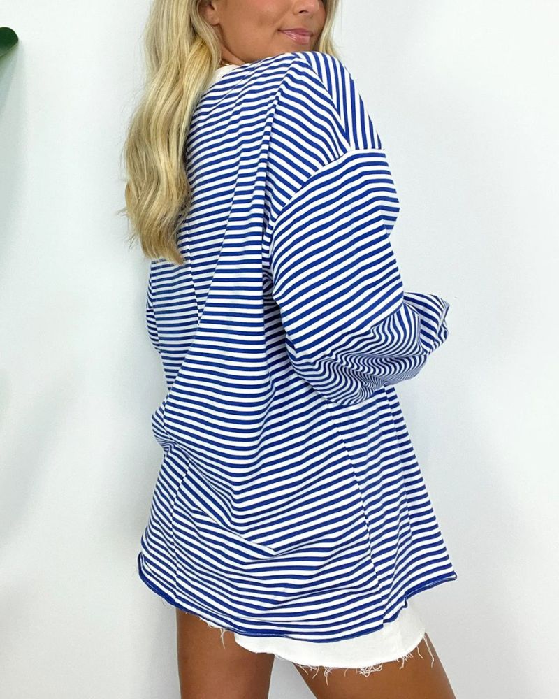 Street-wave Striped Oversized Sweater For Women - Cozy, Casual Everyday Wear, Soft Cotton Blend
