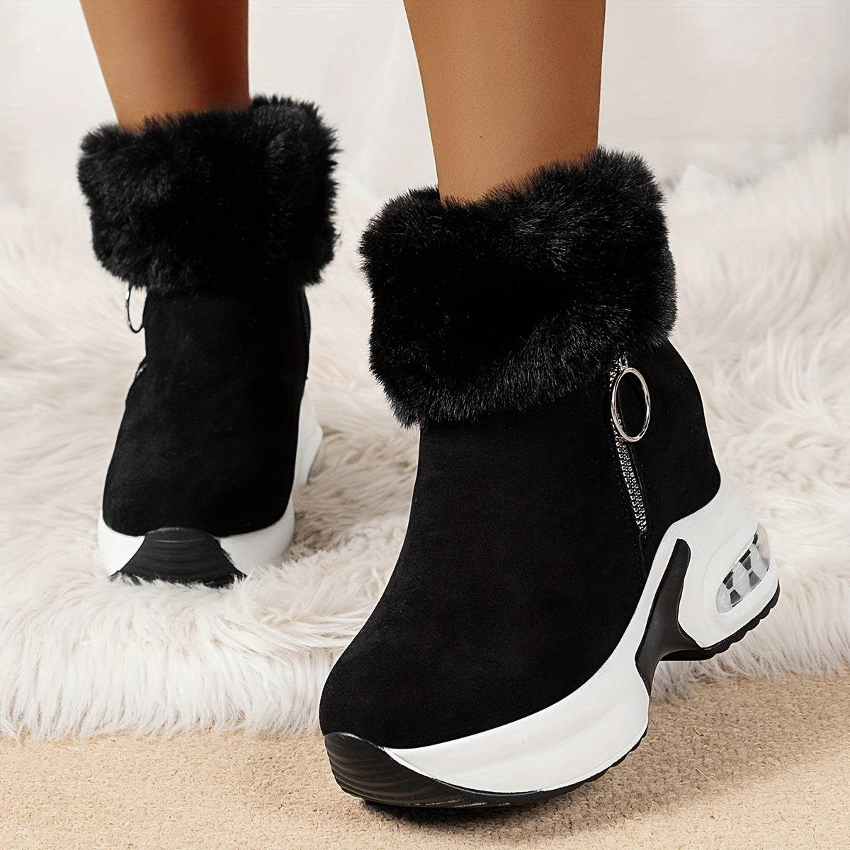 Street-Wave Fur-Lined Adjustable Snow Boots For Women Warm Cozy Winter Booties With Plush Cuff