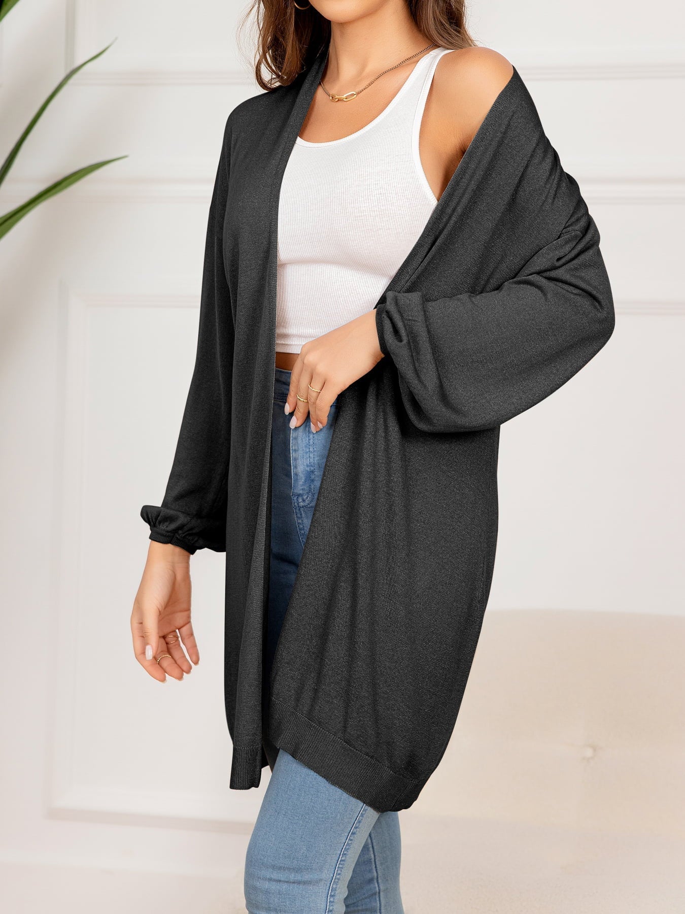 Street-wave Open Front Cardigan For Women Long Sleeve Hip Length Beige Knit Cozy Casual