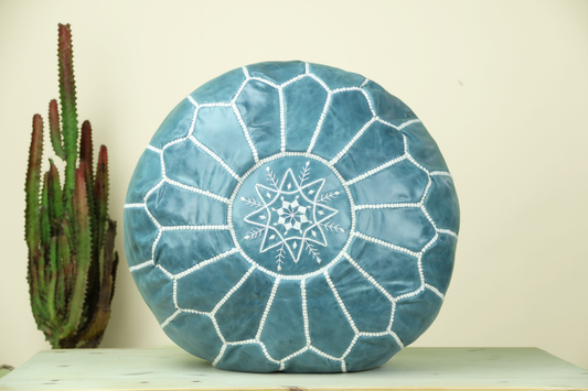 Ceramic Blue Leather Ottoman Pouf - Street-Wave
