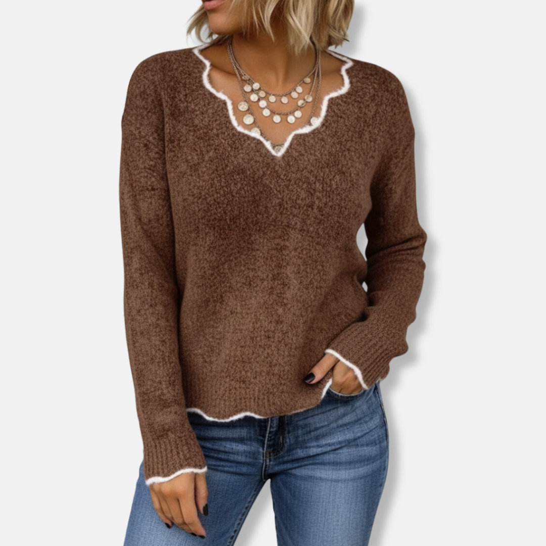 Nordisk-Flair Women Soft Wool Knit Sweater Relaxed Fit Scalloped Neckline