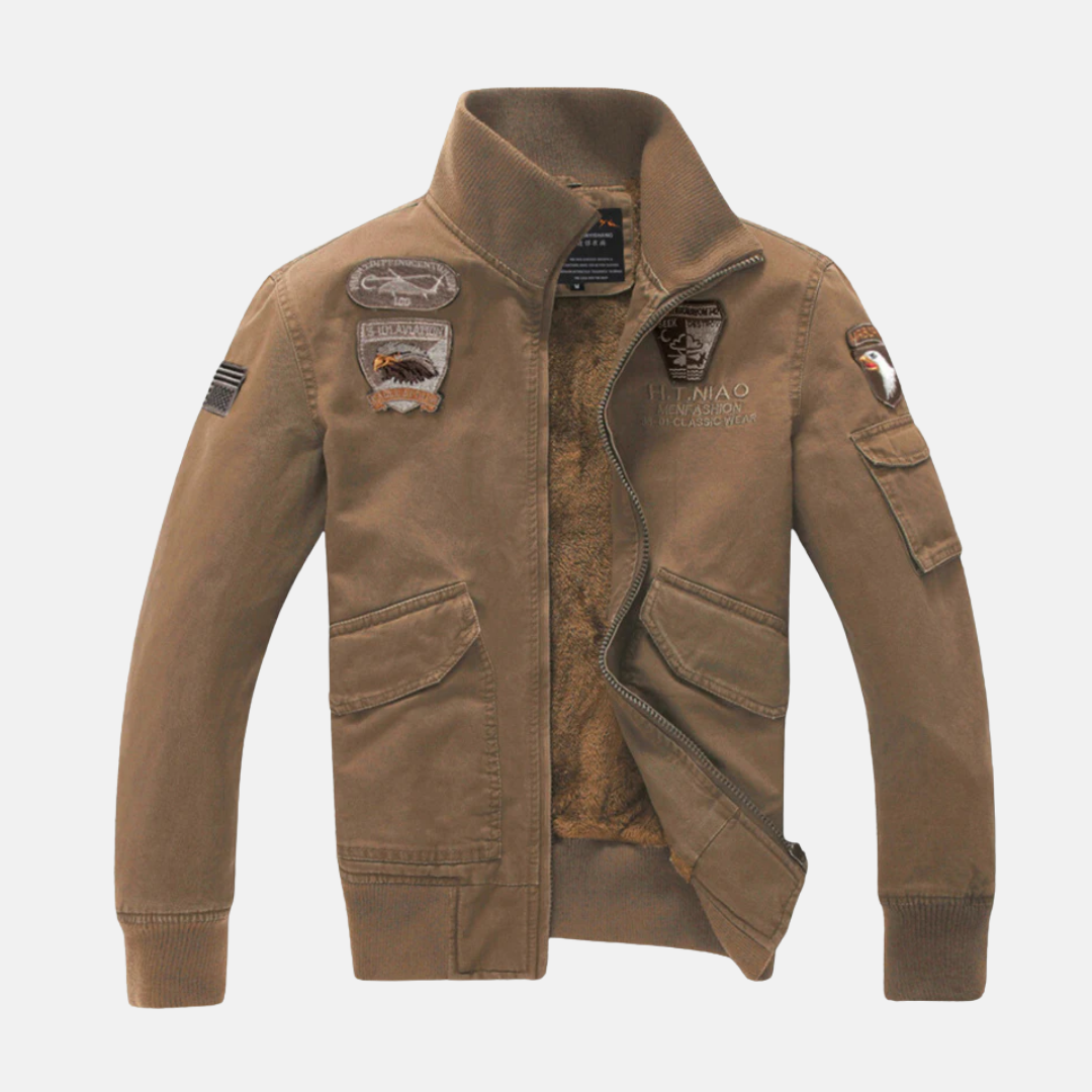 Men's Bomber Jacket Slim Fit Plush Lining Embroidered Patches Ribbed Trim Nordisk Flair