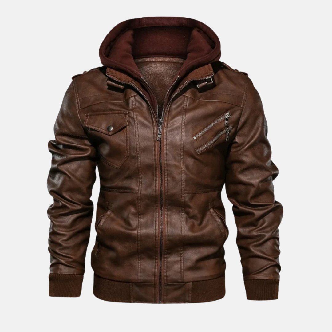 Mens Leather Jacket With Detachable Hood Stand Collar Zipper Front Structured Fit Casual Outerwear