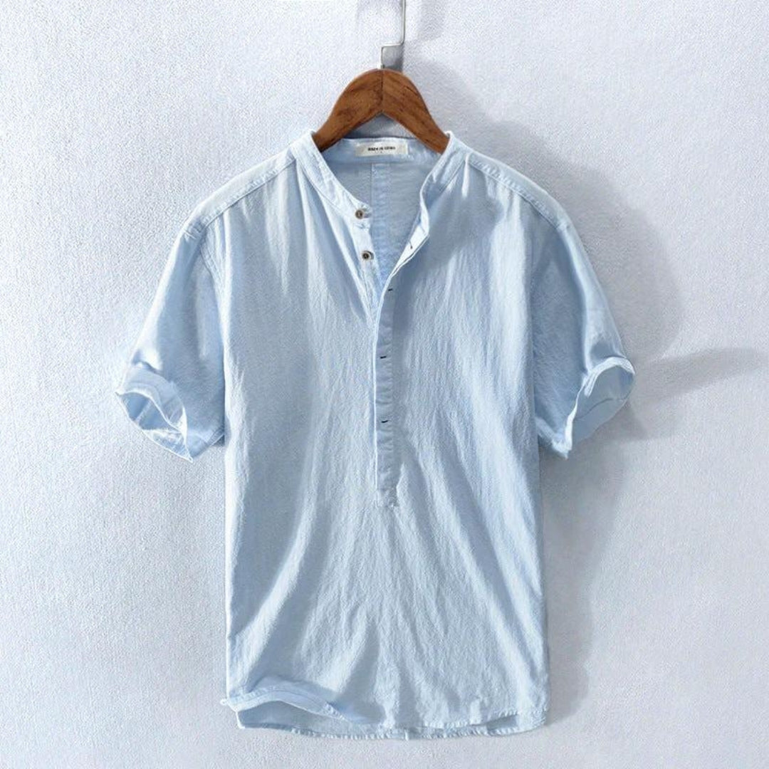 Street Wave Amalfi Cotton Blend Henley Shirt For Men With Relaxed Chic Short Sleeve