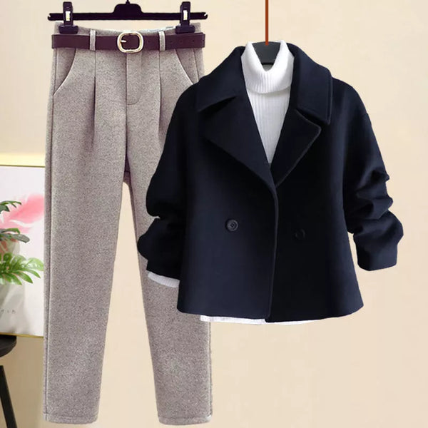 Street-wave Double Button Blazer And Trousers Set With Belt For Women Elegant Modern Silhouette