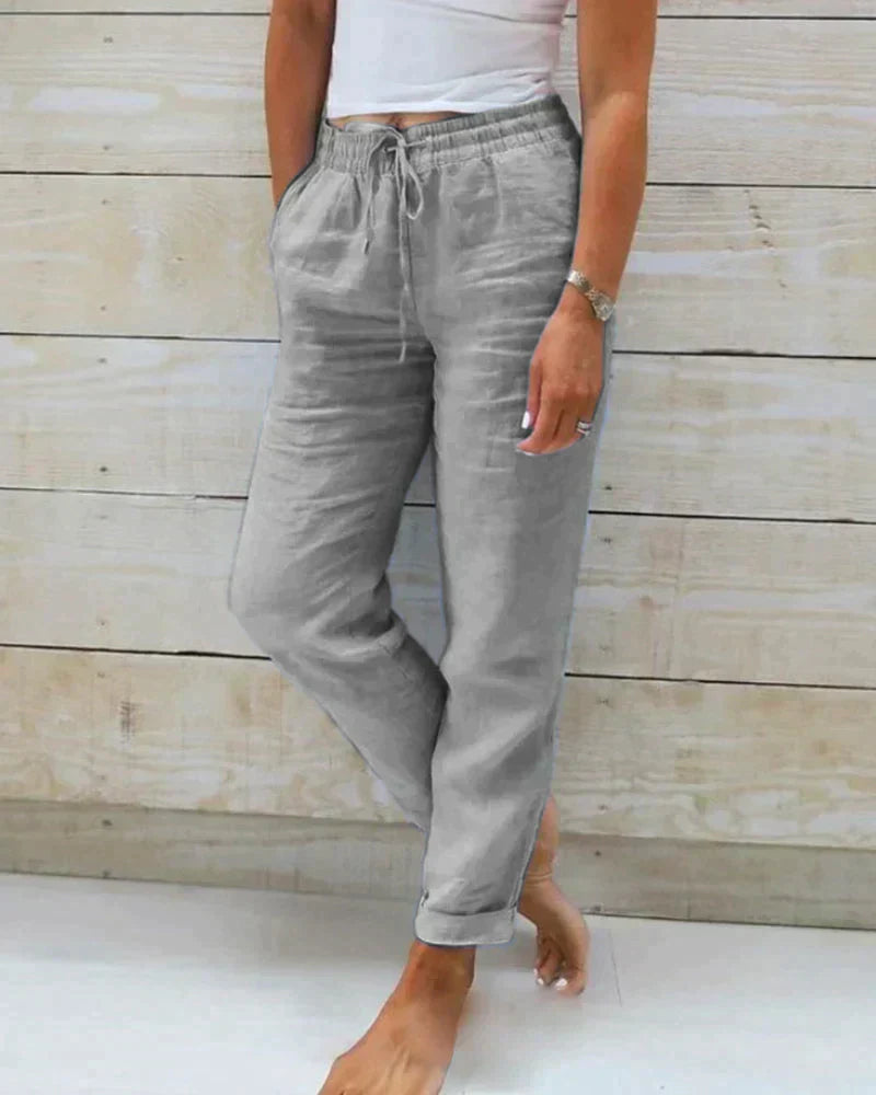 Women's Pants - Relaxed Fit - 100% Linen - Elastic Waist with Drawstring - With Side Pockets